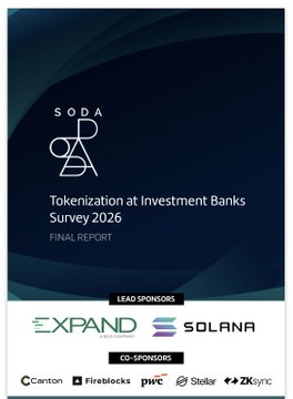 Cover of the SODA OPDA 'Tokenization at Investment Banks Survey 2026 Final Report,' sponsored by Expand and Solana, with co-sponsors Canton, Fireblocks, PwC, Stellar, and ZKsync.
