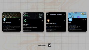 The image shows four NFT collection announcements displayed on a grid background: "Main Strategy," "Pad Zora," "Internet Monkes," and "FISH," promoting their upcoming launches on Robinhood, with the Wingfo watermark visible below.