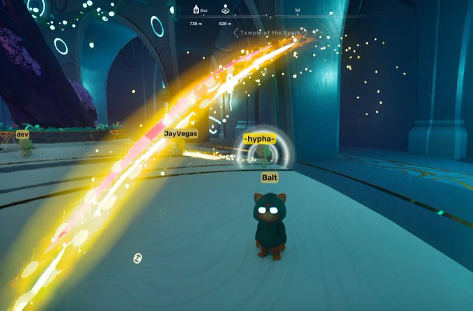 A screenshot from a video game showing a black cat-like character named 'Balt' in an ethereal blue temple environment, with other player names 'dev', 'JayVegas', and '-hypha-' visible alongside a bright yellow light beam effect.