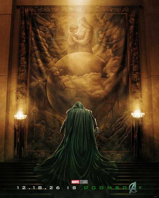 A Marvel Studios 'Doomsday' poster dated 12.18.26, showing a cloaked figure facing a large tapestry depicting a mother and child amid clouds and angels.