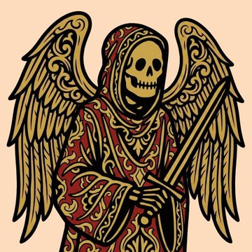 Decorative illustration of a skeletal grim reaper figure with ornate golden wings and red robes holding a sword.