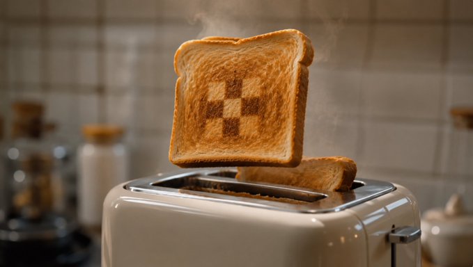 The image shows a white toaster with two pieces of bread inside, one of which has been toasted to a golden brown color while the other remains uncooked. The toaster appears to be malfunctioning or broken, as indicated by its unusual state. The text in the image reads "GM 让 #OKX Agent 替你自动营业", which is likely an autograph from a person named "OKX".