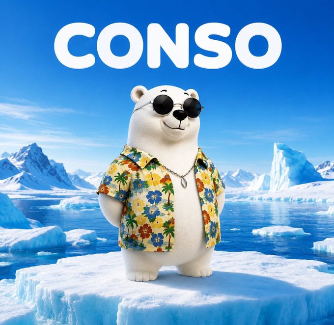 A 3D-rendered polar bear wearing sunglasses and a yellow floral Hawaiian shirt, standing on an iceberg with the text 'CONSO' displayed above.