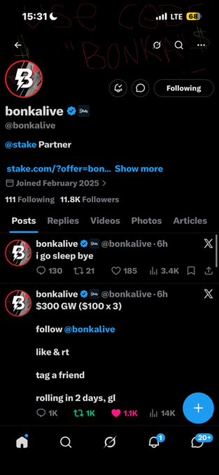 A screenshot of the X (Twitter) profile for bonkalive (@bonkalive), a Stake Partner with 11.8K followers, showing a recent giveaway post for a $300 GW ($100 x 3) prize.