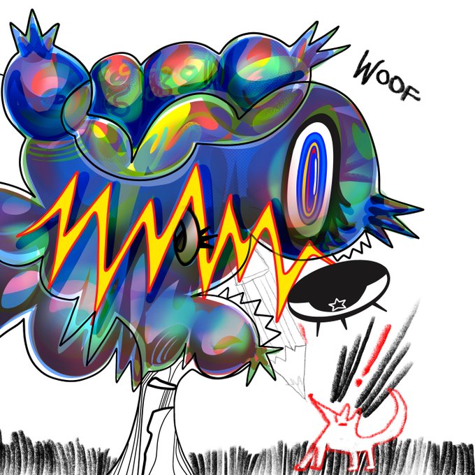 A graffiti-style cartoon illustration shows a colorful, metallic-looking dog with spiky fur and a large black nose barking 'WOOF' at a small red cat, with yellow jagged text across the dog's face.