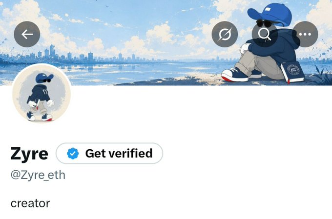 A Twitter profile page for 'Zyre' (@Zyre_eth) with the bio 'creator' and a 'Get verified' button, featuring an anime-style profile picture and banner.