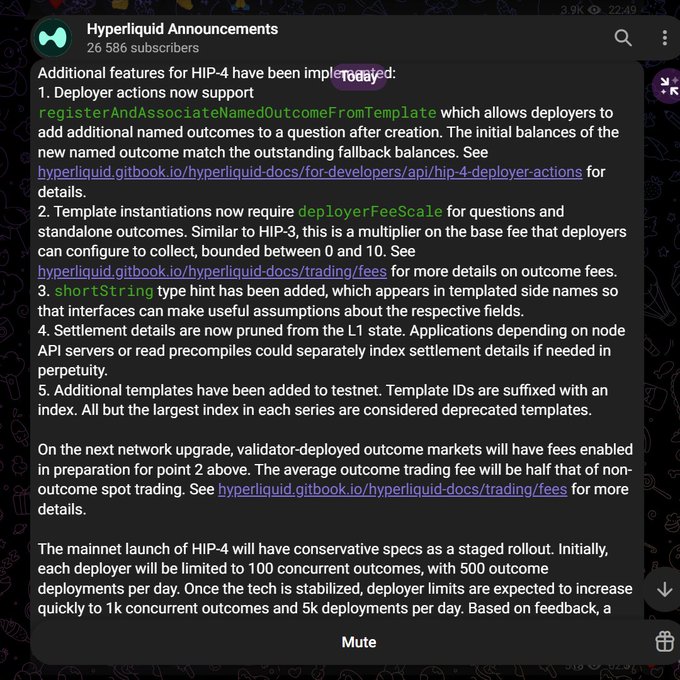 A screenshot of a Telegram channel 'Hyperliquid Announcements' (26,586 subscribers) detailing additional features implemented for HIP-4, including deployer actions, template instantiations, shortString hints, and settlement details pruning.