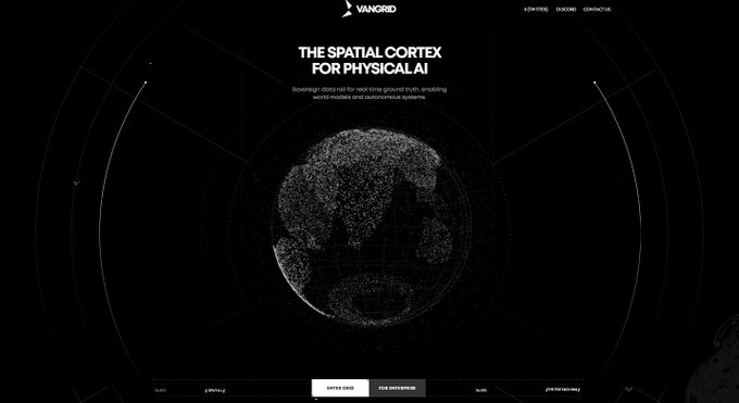 A dark-themed website for 'VANGRID' displays the heading 'THE SPATIAL CORTEX FOR PHYSICAL AI' with a digital wireframe globe in the center against a black background.