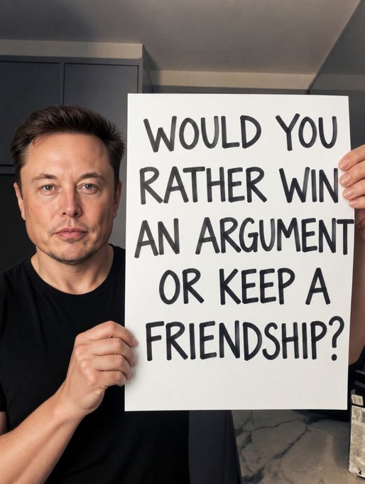 A man holds up a handwritten sign that reads "WOULD YOU RATHER WIN AN ARGUMENT OR KEEP A FRIENDSHIP?", posing a thought-provoking choice about prioritizing ego versus relationships. The post's "B" aligns with choosing to preserve the friendship over being right.