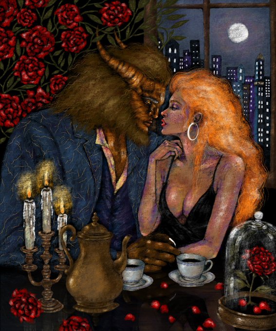 A romantic painting depicting Beauty and the Beast sharing an intimate moment at a candlelit table, with red roses, a golden teapot, and a rose under a glass dome, set against a city skyline at night with a full moon.