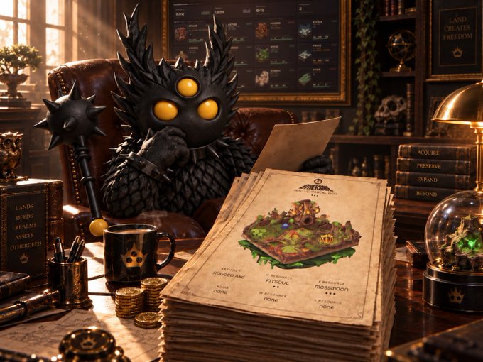 A spiky black multi-eyed creature in chainmail holds a spiked mace while reviewing a treasure map labeled 'MOONGLADE' in a richly decorated office filled with gold coins, books titled 'LANDS OF CREATION FREEDOM,' and an orb containing a glowing skull.