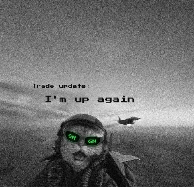 A grainy black-and-white meme image featuring a pilot with a mustache wearing goggles labeled 'GM' and 'GN', with a fighter jet in the background and pixelated text reading 'Trade update: I'm up again'.