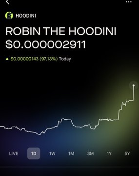 The image displays a stock/crypto chart for "ROBIN THE HOODINI" trading at $0.000002911, up 97.13% today, reflecting the post's celebration of the token reaching an all-time high (ATH). The tickers and contract addresses shown correspond to the Hoodini and Cashcat tokens mentioned, with the post thanking Vlad Tenev (Robinhood's CEO).