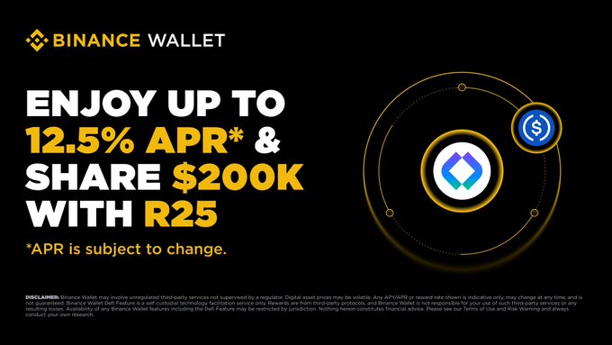 A Binance Wallet promotional banner for the R25 Season 2 campaign advertises up to “12.5% APR*” and “Share $200K with R25,” with Binance Wallet and DeFi token graphics. The campaign encourages subscribing USDC to the Binance Wallet DeFi R25 Axil USDC vault by Oct. 26, 2026, at 15:59 UTC to earn the stated APY and a share of $200,000 in PROS rewards.