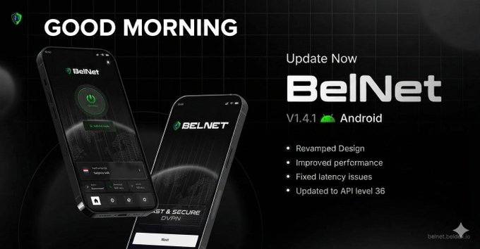 A promotional graphic for 'BelNet V1.4.1' Android update, highlighting a revamped design, improved performance, fixed latency issues, and an update to API level 36.