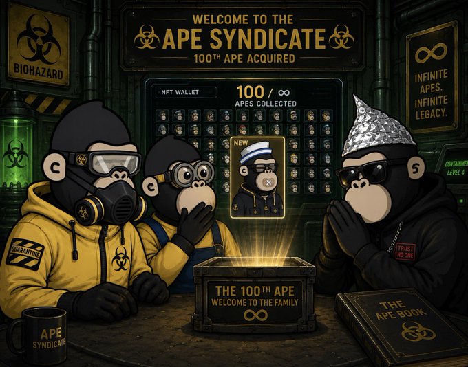 Three anthropomorphic apes gather around a glowing crate labeled "THE 100TH APE WELCOME TO THE FAMILY" beneath a "WELCOME TO THE APE SYNDICATE - 100TH APE ACQUIRED" display showing "100/∞ APES COLLECTED," celebrating the milestone of reaching 100 members in the collection. The scene, complete with biohazard symbols, gas masks, and an "APE BOOK," visually reinforces the post's gratitude for being part of the growing Ape Syndicate community.