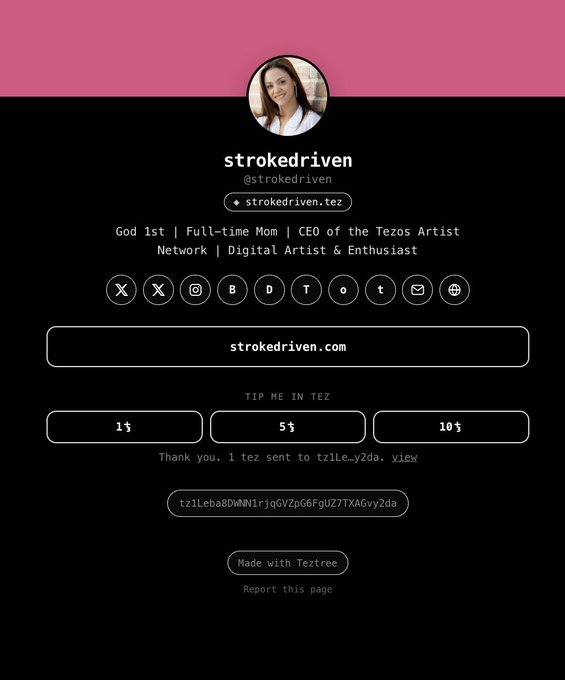 A tip page for 'strokedriven' on the Tezos blockchain, featuring a pink and black design with social icons and tip amounts in tez.