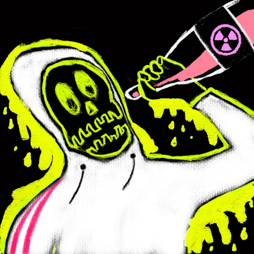Neon-colored illustration of a skeleton in a hood being injected with a syringe marked with a radiation hazard symbol, dripping green fluid.