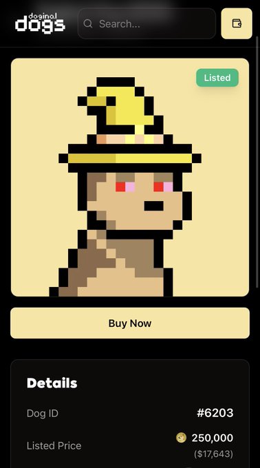 A screenshot from the Doginal Dogs marketplace shows a pixel-art wizard dog (Dog ID #6203) listed for sale at 250,000 DOGE ($17,643), matching the announcement of a new wizard dog listing at that exact price.