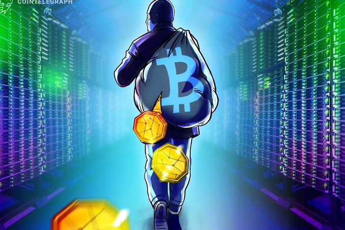 A hooded figure carries a sack emblazoned with the Bitcoin "₿" logo through a corridor of illuminated server racks, with gold coins trailing behind, symbolizing cryptocurrency theft or security threats. The Cointelegraph watermark is visible in the top-left corner, and the imagery of a sneaking thief complements the post's warning about a security vulnerability in Coldcard Mk3 seed generation.