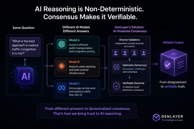 An infographic from 'GENLAYER' explaining how AI-Powered Consensus works, titled 'AI Reasoning is Non-Deterministic. Consensus Makes it Verifiable.', showing multiple AI models providing different answers that lead to a verified outcome.