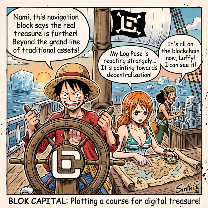 A comic illustration featuring One Piece characters Luffy, Nami, and Usopp on a pirate ship with a 'B' logo, discussing blockchain and 'BLOK CAPITAL: Plotting a course for digital treasure!'