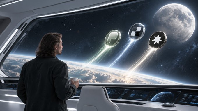 A man stands in a futuristic spaceship interior holding a cup, looking out a large window at three racing vehicles streaking through space toward the moon with Earth visible below.