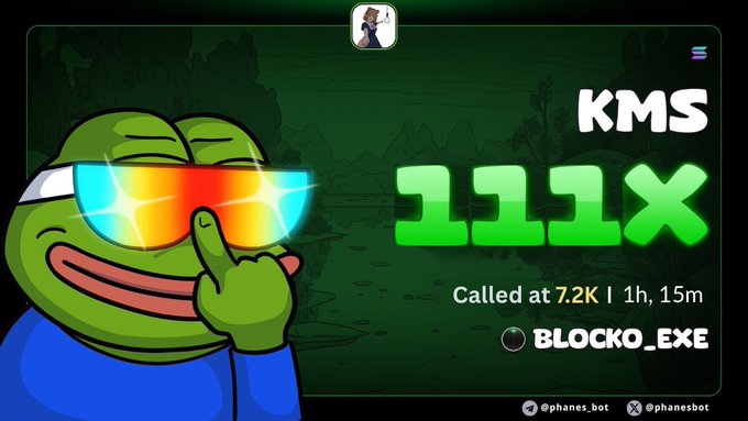 A 'Phanes Bot' notification showing the ticker KMS at $1111X, called at 7.2K with 1h 15m, associated with the username BLOCKO_EXE.