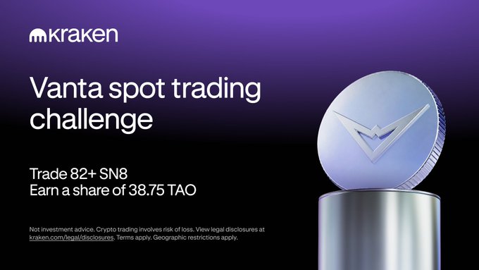 A Kraken promotional banner for the "Vanta spot trading challenge" featuring a metallic Vanta token coin, inviting users to "Trade 82+ SN8" and "Earn a share of 38.75 TAO" as Round 1 of their Bittensor subnet series. The image highlights the first of four two-week challenges, each offering a portion of the 155 TAO total prize pool.