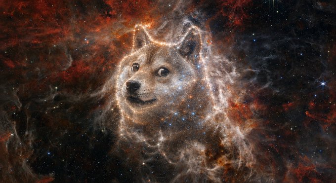 A digital artwork depicting the face and upper body of a Shiba Inu dog formed from glowing cosmic nebula dust and stars against a starry space background.