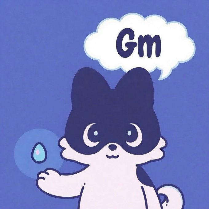 Digital illustration of a cute husky-like character with a thought bubble saying 'Gm' against a solid blue background, holding a glowing blue orb.