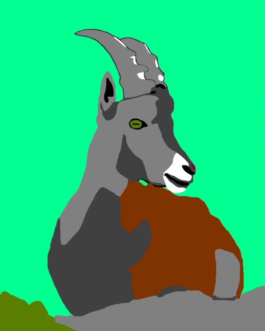 A digital painting of a gray and brown ibex or mountain goat with curved horns against a bright green background.