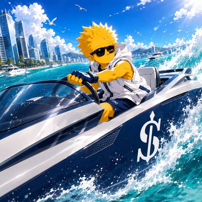 An anime-style illustration depicts a blonde character wearing sunglasses driving a speedboat across bright blue water with a city skyline in the background.