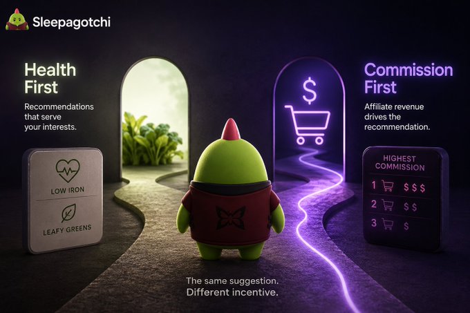 A green Sleepagotchi character stands between two arched paths—one leading to a "Health First" garden with "Low Iron" and "Leafy Greens" recommendations, the other to a "Commission First" shopping cart displaying a "Highest Commission" ranking with dollar signs. The image illustrates the post's point about how shopping agent incentives can prioritize affiliate revenue (e.g., "$ $ $" rankings) over genuinely health-focused product recommendations.