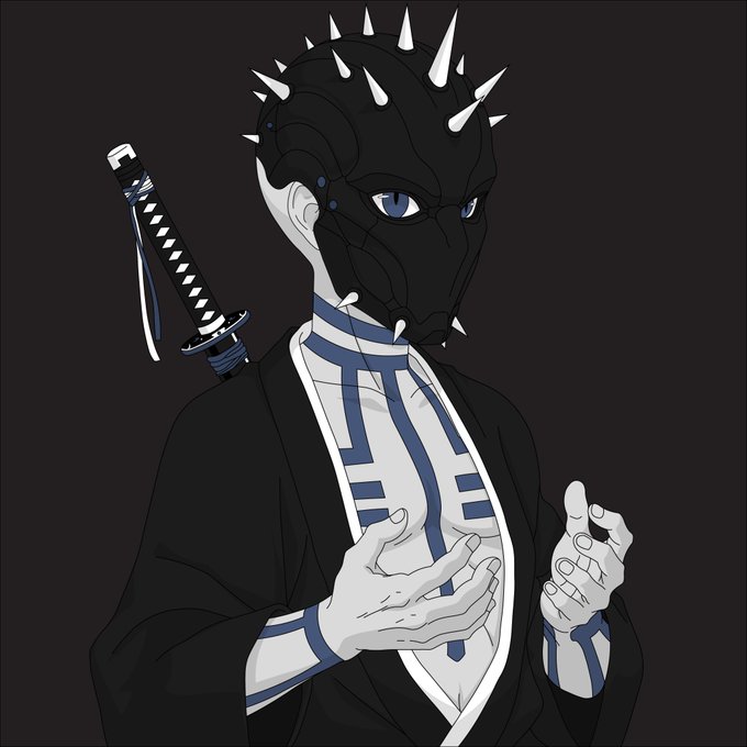 An anime-style illustration depicts a character wearing a black spiked mask and a black kimono-like garment, with a katana strapped to their back.