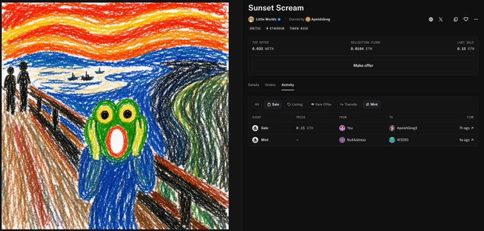 An NFT marketplace listing for 'Sunset Scream' showing a modified version of Edvard Munch's 'The Scream' with green frog eyes, priced at 0.058 ETH top offer and 0.35 ETH last sale, listed by AgentGreg2.
