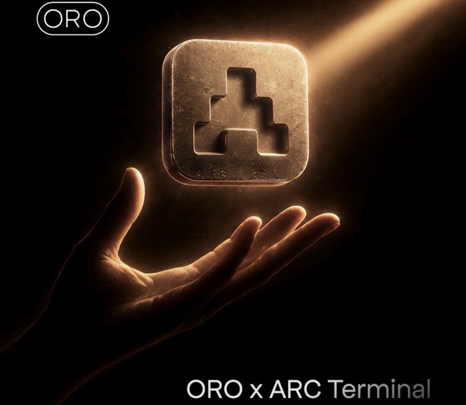 A dramatic image showing a hand reaching up toward a glowing, floating stone icon with a humanoid figure carved into it, featuring the 'ORO' logo in the top left and 'ORO x ARC Terminal' text at the bottom.