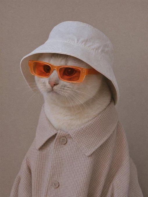 A white cat wearing a bucket hat, orange-tinted sunglasses, and a beige button-up shirt poses with a serious, confident expression—mirroring the confident, leading-edge tone of the $CASHCAT memecoin thesis.
