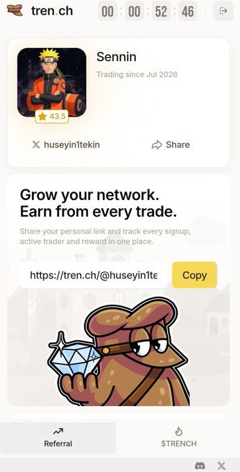A mobile screenshot of tren.ch displays a trader's profile named "Sennin" with a 43.5 rating, showing a referral link "https://tren.ch/@huseyin1tekin" alongside a cartoon character holding a diamond. The image aligns with the post's promotion, advertising the trader's referral link as they countdown to a 52-minute mark, inviting them to trade via the shared URL.