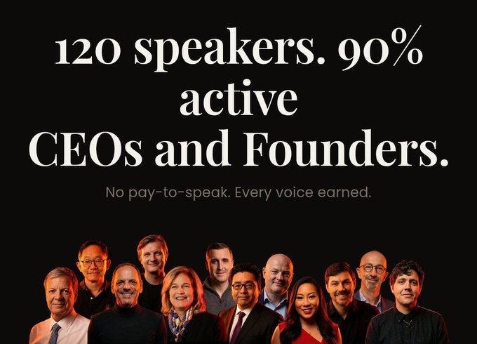 The image shows a group of 12 people standing together with a banner behind them that reads "120 speakers, 90% active COSs and Founders!". The people are posing for a picture, and they seem to be enjoying themselves as part of an event or gathering. The photo captures the essence of the topic in the caption provided below it.