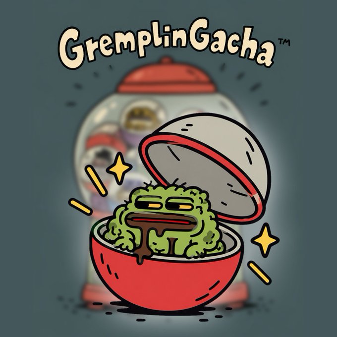 A cartoon illustration titled 'GremlinGacha' featuring a small, unamused green gremlin creature sitting inside an open red gachapon capsule machine.