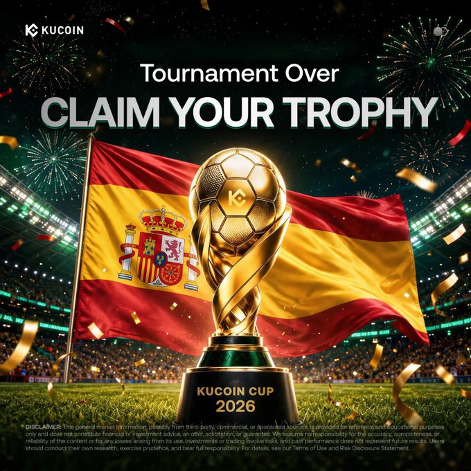 A promotional graphic celebrating Spain's victory in the "KuCoin Cup 2026," featuring a golden soccer trophy emblazoned with the KuCoin logo, the Spanish flag waving behind it, and fireworks bursting over a stadium—visually tying the post's announcement of Spain winning the KuCoin Crypto Cup tournament.