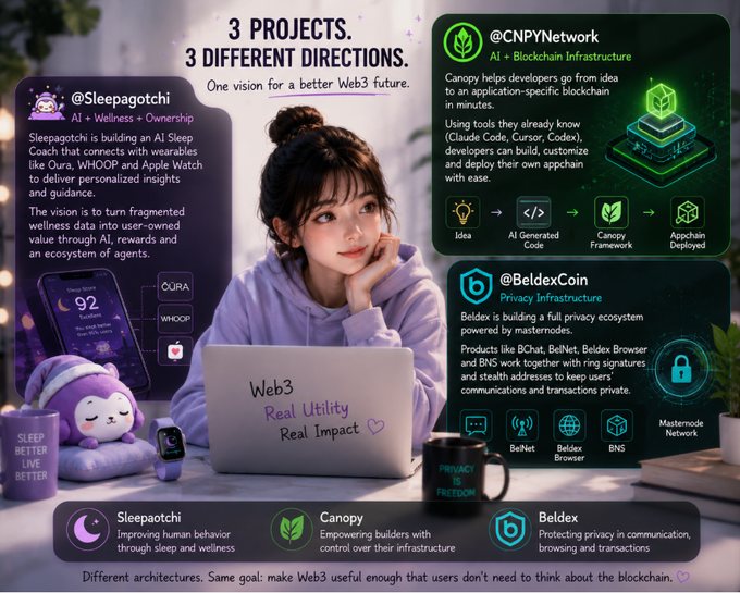 An infographic titled '3 PROJECTS. 3 DIFFERENT DIRECTIONS.' highlights Sleepagotchi, CNPY Network (Canopy), and BeldexCoin as three Web3 projects, emphasizing 'Web3 Real Utility Real Impact.'