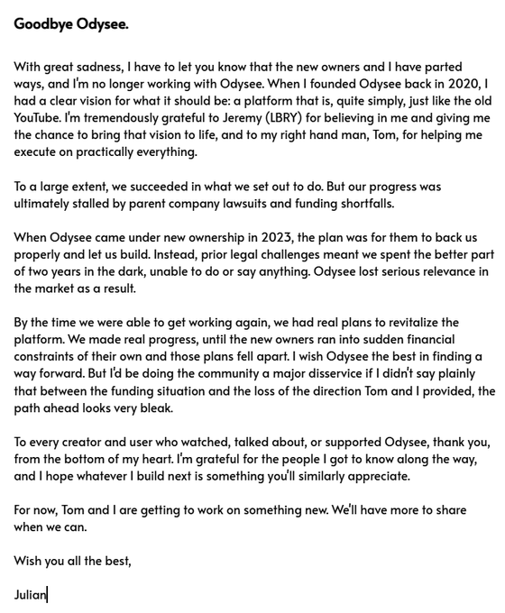A farewell letter titled 'Goodbye Odysee.' from founder Julian, announcing his departure from the platform and plans to start something new with Tom.