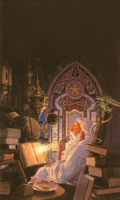 A fantasy illustration depicts a white-bearded man in white robes reading a glowing book in a cluttered study, illuminated by an arched stained-glass window featuring a Star of David.