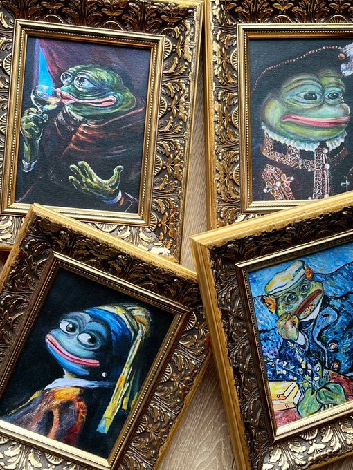 Four ornately gold-framed oil paintings depict Pepé the Frog reimagined as Renaissance-era religious and noble figures.