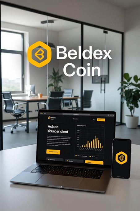 A promotional image for "Beldex Coin" showing its yellow hexagonal logo on a laptop and phone displaying a dashboard interface, set in a modern office environment.