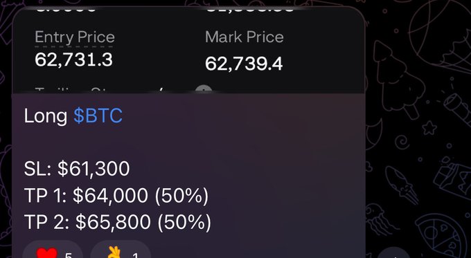 The image is a screenshot of an app that shows the current status for buying Bitcoin, including details about entry prices, sl levels, and mark prices. The screen displays text and numbers related to these cryptocurrency transactions, indicating the success of a trade for $BTC. The caption at the bottom provides information on how the post was created and where it might be shared.