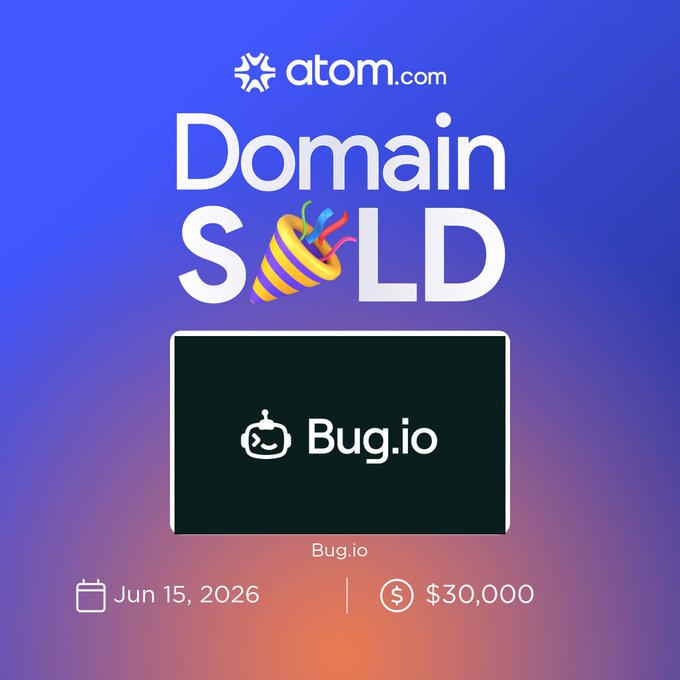 The image features a vibrant graphic design for an online store called Bug.io that sells domain names. The website offers domain name sale services which have been well received by many businesses. Below this eye-catching advertisement, there is a logo of a robot named Bug.io placed in white against a dark blue background. It appears to be selling a domain name, as indicated by the text "SOLD" written above it. The post also includes some text that reads: "Super impressed with @AtomHQ, woke up and I was paid!. Very quick, love their bot transfer thing too!".