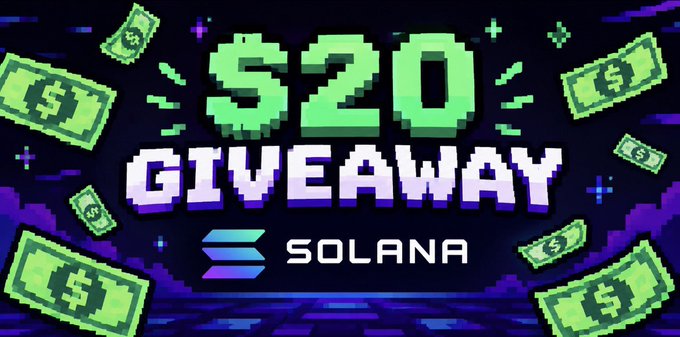 A retro pixel-art graphic with neon green dollar bills flying across a dark background, featuring the text "$20 GIVEAWAY" and the Solana logo, promoting a $20 SOL giveaway contest.